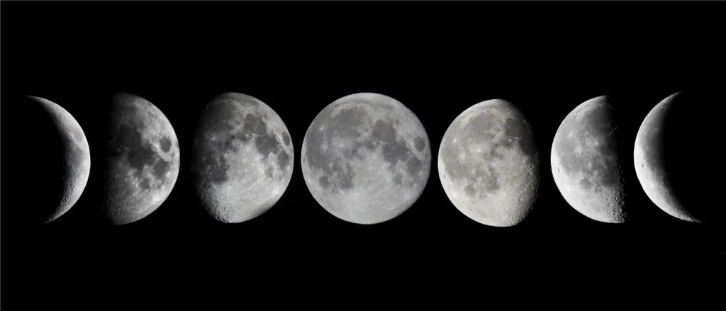 Moon phases from new moon to full moon